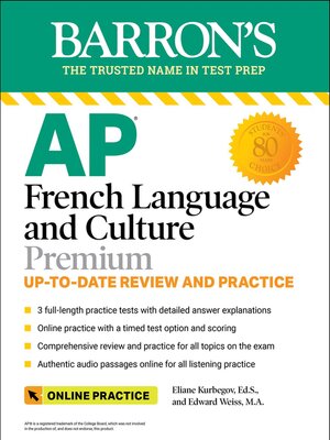 cover image of AP French Language and Culture Premium, 2023-2024: 3 Practice Tests + Comprehensive Review + Online Audio and Practice